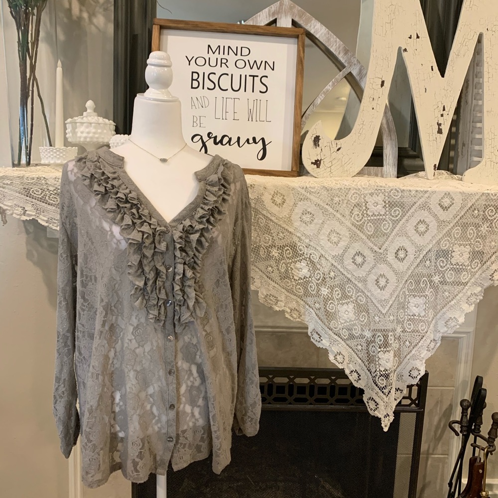 Style & Co gray lace top with ruffle detail-2X